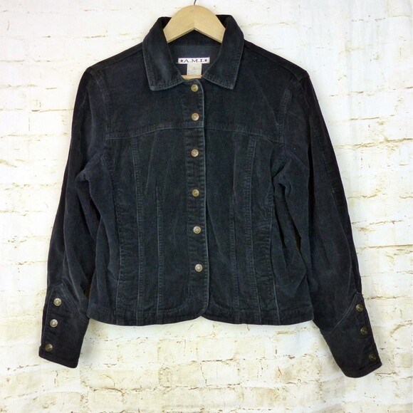 A.M.I. Jacket Women S Black Corduroy Button Stretch Cotton Long Sleeve Retro Y2K - Picture 1 of 11
